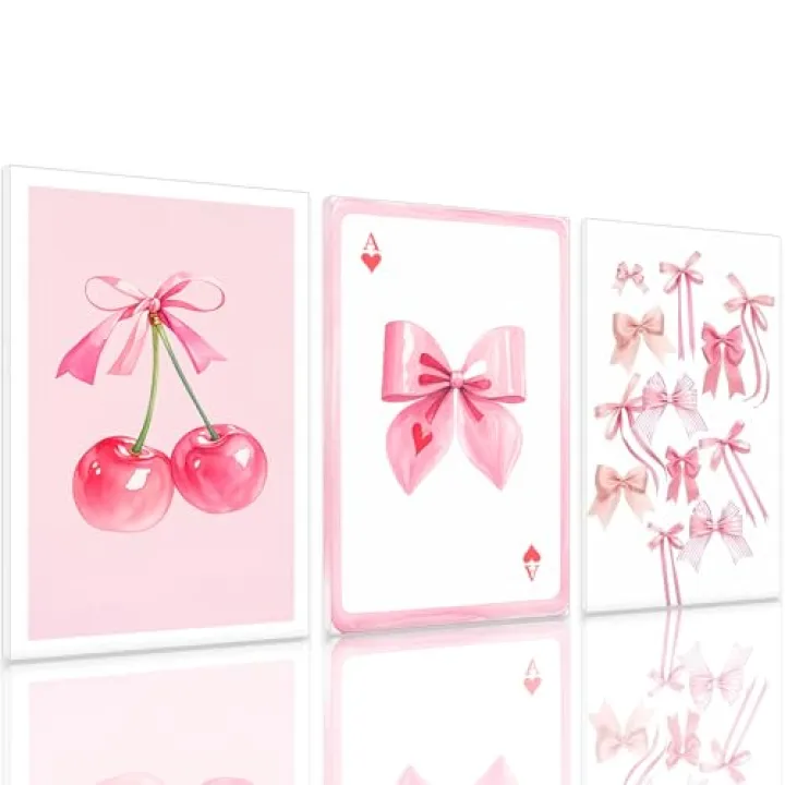 Pormipone 3 Pcs Coquette Pink Bow Canvas Wall Art,Pink Cherry Wall Decor Poster for Girls Room,Preppy Bow Picture Wall Decor for Bedroom Living Room Dining Room
