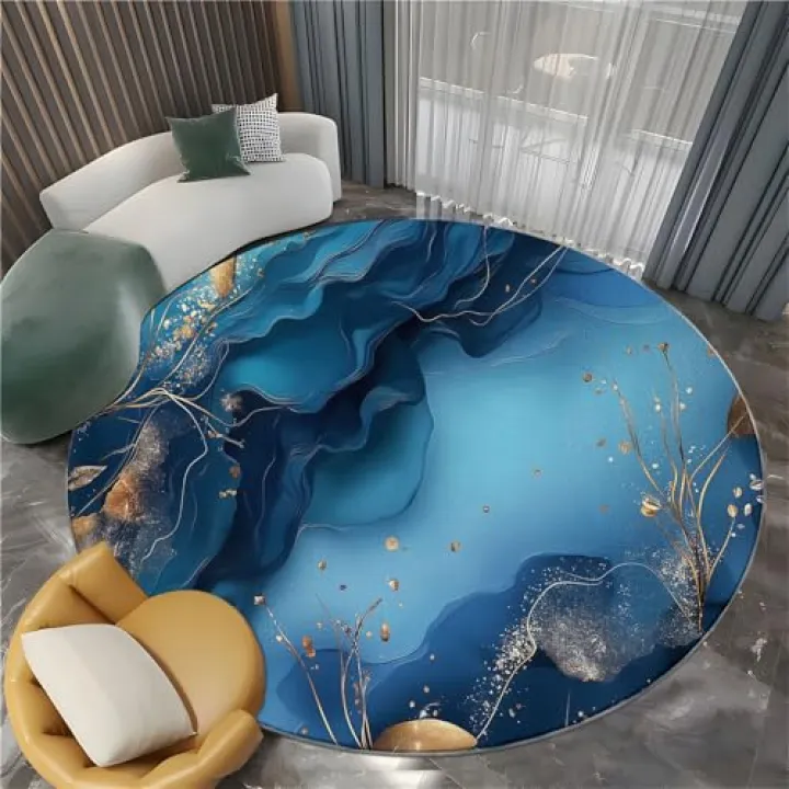 Round Rug for Kids Bedroom 3ft Marble Abstract Blue Pattern Circle Rug for Playroom, Washable Rug for Nursery, Small Circular Carpet for Classroom Dorm Daycare Decor