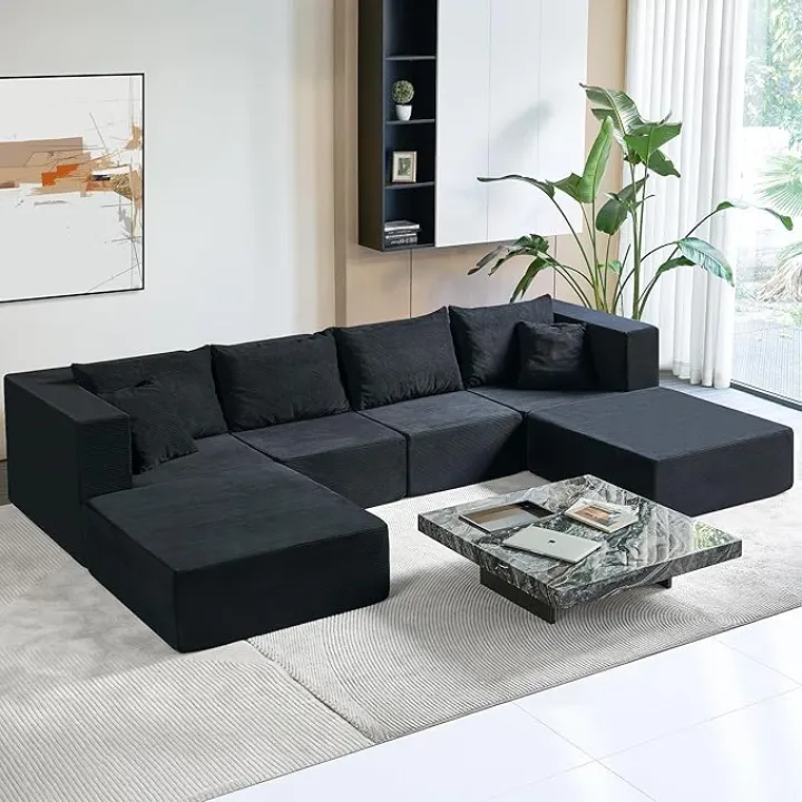 140" Modular Sectional Sofa Couches Corduroy Sleeper Deep Seat Sofa Bed, Comfy Cloud Couch for Living Room Floor Sofa, 6 Piece Free Combination Compression Sofa, No Assembly Required, Black