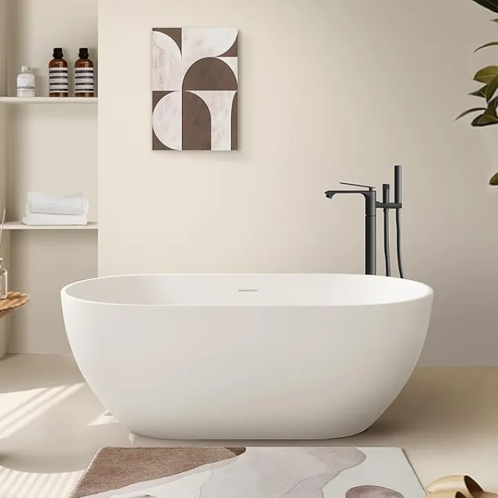 SJ STAR&JANE 59" Solid Surface Freestanding Bathtub Oval Stone Resin Soaking Tub Modern Stand Alone Tub with Overflow & Pop-up Drain for Bathrooms Dark Gray