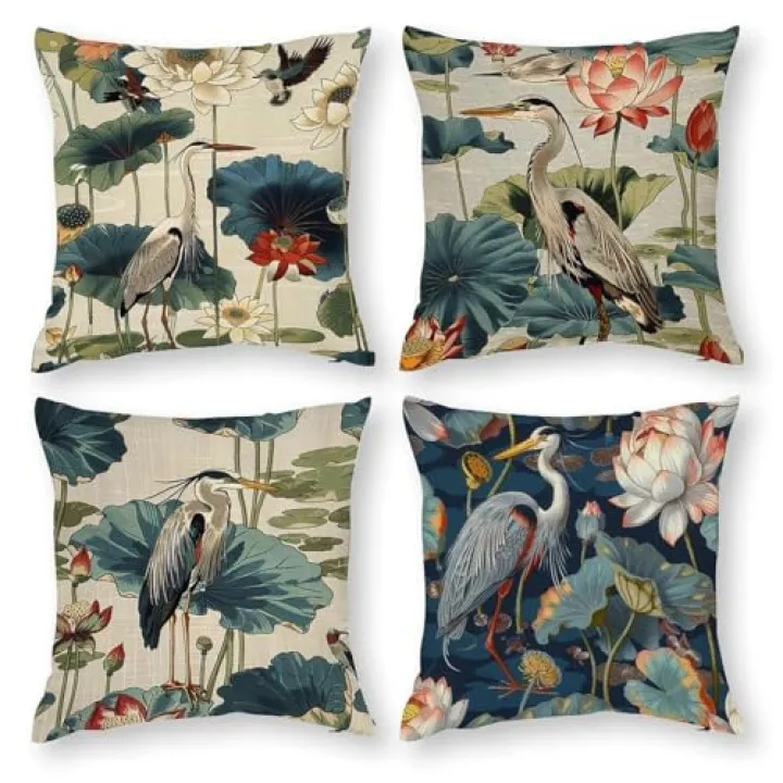 Birds and Lotus Flowers Pillow Cases 22" 4 Pack, Chinoiserie Throw Pillow Sham, Funny Decorative Square Pillowcases for Sofa Porch Indoor Couch Lake House