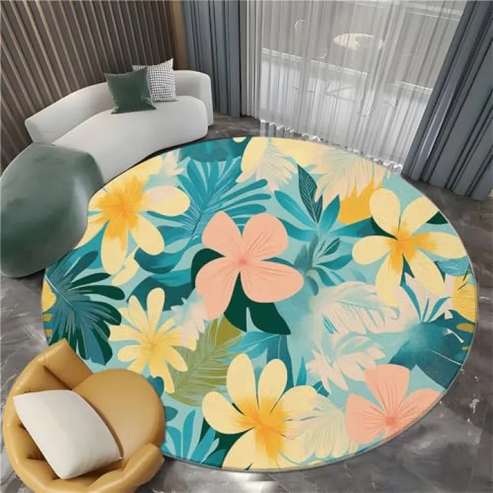 Kids Rugs for Playroom 3ft Tropical Plant Flower Round Rug Circle Rug Soft Washable Round Rug for Bedroom Non-Slip Round Kids Rug for Nursery Classroom Living Room