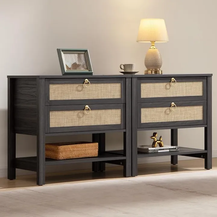 SICOTAS Night Stand Set of 2, Large Nightstand with Drawers and Storage Shelf - Rattan Boho Bedside Table Narrow Side Table for Bedroom, Small Space