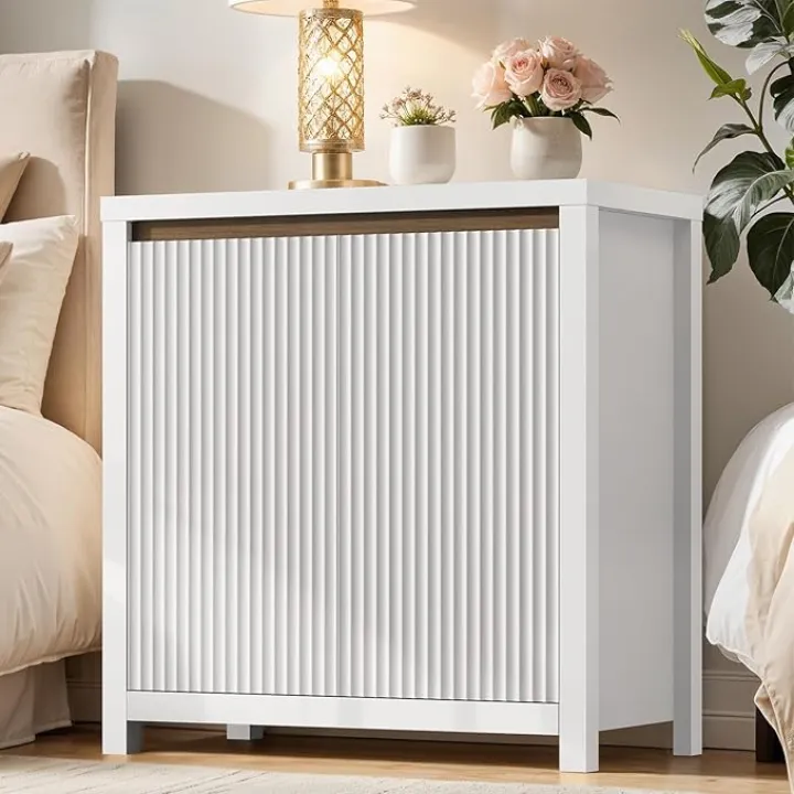 Fluted Storage Cabinet, White Buffet with Storage Adjustable Shelves, Small Sideboard Cabinet, Modern Credenza Accent Console Coffee Bar Center for Kitchen Entryway Living Room Office