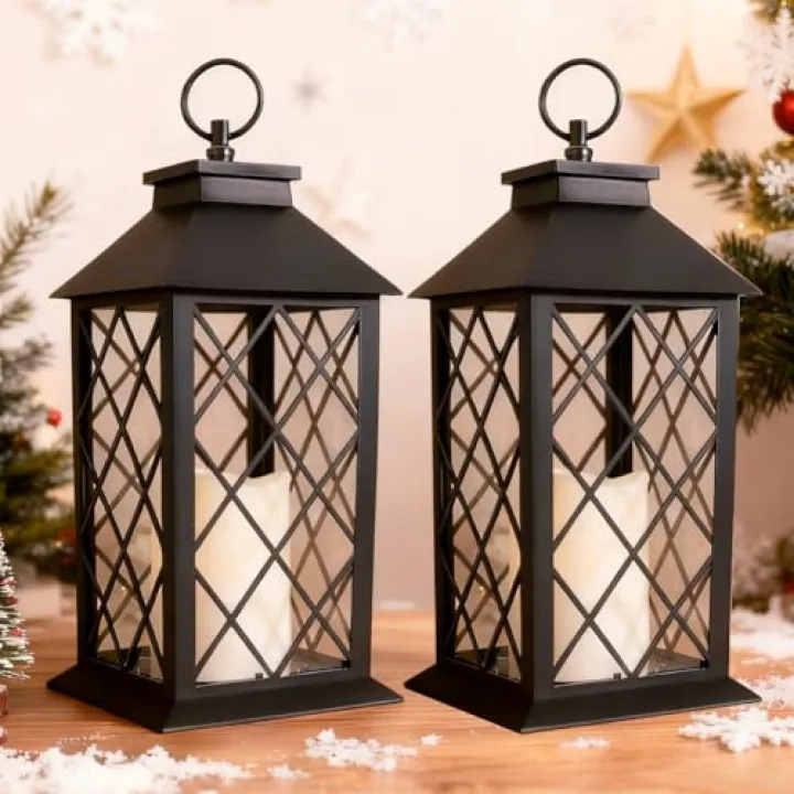 Bright Zeal 2-Pack 13.5" Vintage Candle Lantern with LED Pillar Light (Black, 6hr Timer) - IP44 Waterproof Battery Powered Decorative Light - Outdoor Hanging Lantern Decorative Indoor Candle Holder