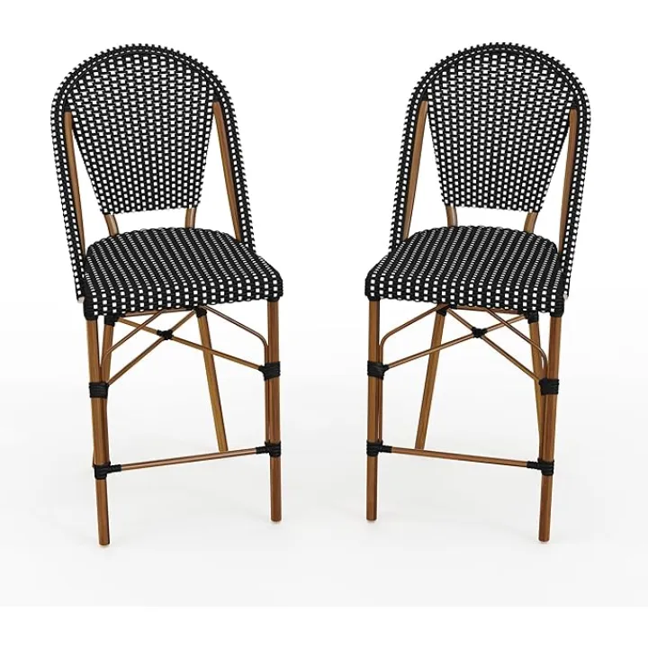 Martha Stewart Lily Pond Indoor-Outdoor Stackable Counter Stools with Natural Woodgrain Aluminum Frame Finish, Black/White Woven Rattan Backrests/Seats, Set of 2