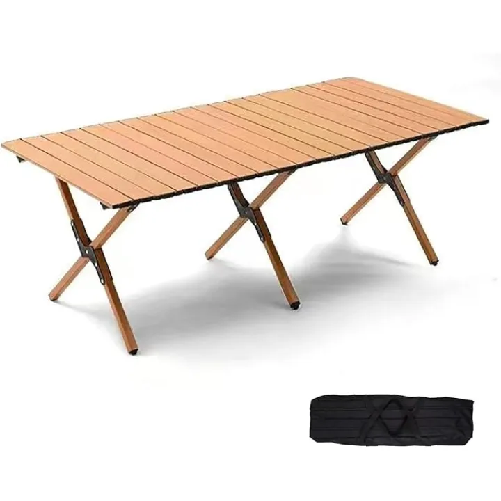 48Inch Folding Camping Table, Lightweight Roll-Up Table Aluminum Low Portable Picnic Table with Carrying Bag for Outdoor, Beach, Picnic, Backyards, BBQ and Party, Log Color