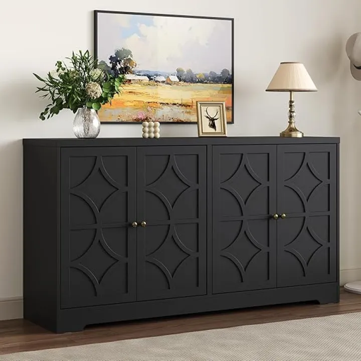 RoyalCraft Sideboard Buffet Cabinet, 56" Modern Credenza with 4 Doors and Adjustable Shelves, Wood Accent Cabinet Console Media for Entryway, Living Room, Kitchen, Satin Black