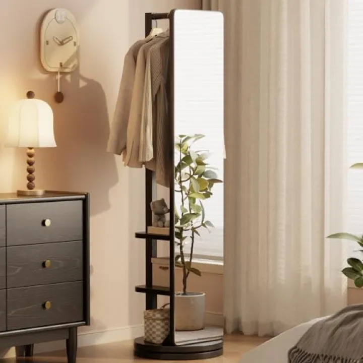 WoodsWhisper Full Length Mirror Coat Rack Solid Wood Floor Mirror 66"x12" Full Length Mirror with Stand Long Mirrors for Bedroom,Living Room (Black, 66" Lx12 W)