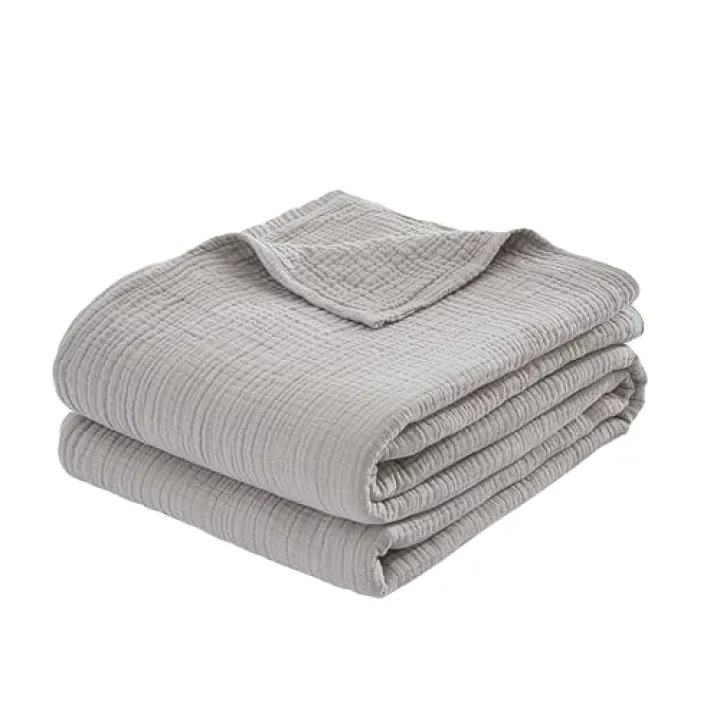 ELINEN 100% Cotton Muslin Throw XL Blanket (50" x 70") – A Luxuriously Soft, 4-Layer Lightweight and Breathable Gauze Blanket, Perfect for Year-Round use on beds, couches (Grey, Throw XL)