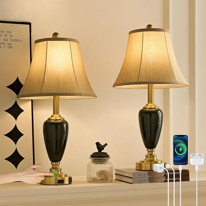 24" Ceramic Table Lamp with 3 Way Dimmable Touch Lamps - 2 USB Ports & AC Outlet Bedside Lamps, Modern Nightstand Lamp for Bedroom Living Room Office (Bulb Included) (Dark Green-2 Pack)