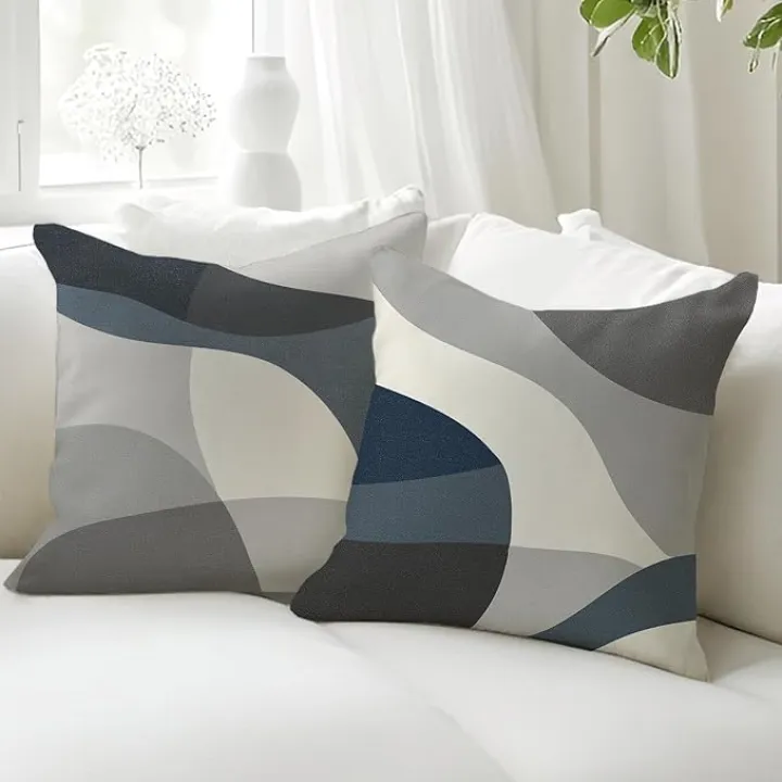 Blue and Grey Pillow Covers, Blue and Grey Gray Decorative Throw Pillow Covers Cushion Covers for Couch Sofa Bed Living Room Bedroom 18x18 Inches Set of 2