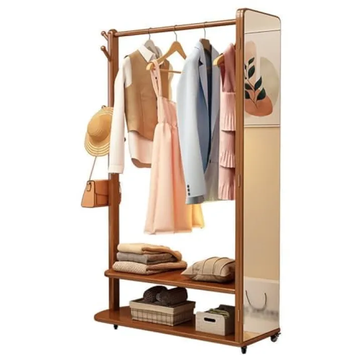 Solid Wood Coat Rack with Removable Dressing Mirror Full Length Mirror Simple Floor Standing Coat Rack with Multi Functional Storage