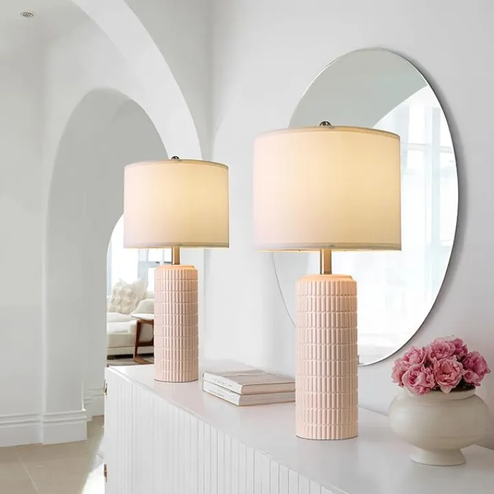PoKat 27.5" Pink Ceramic Table Lamps for Girls Room Set of 2, Modern Bedroom Lamps, Bedside Lamps for Night Stands Living Room, Cute Lamps Pink Decor, Nightstands Desk Nursery