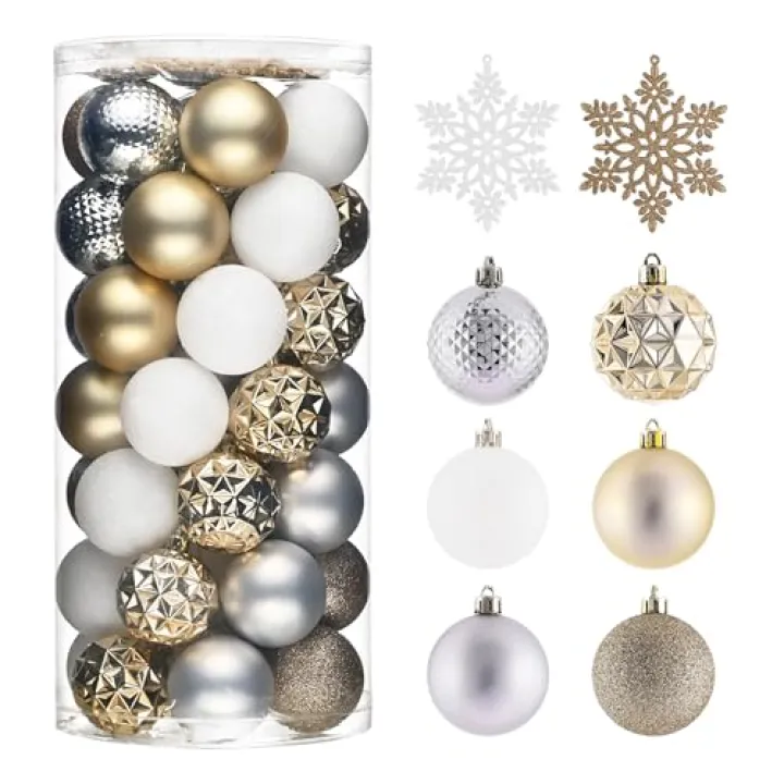 Valery Madelyn Christmas Tree Decorations Ornament Set, 50ct 2 Inches White and Gold Shatterproof Christmas Ball Ornaments Hanging Xmas Holiday Party Decor