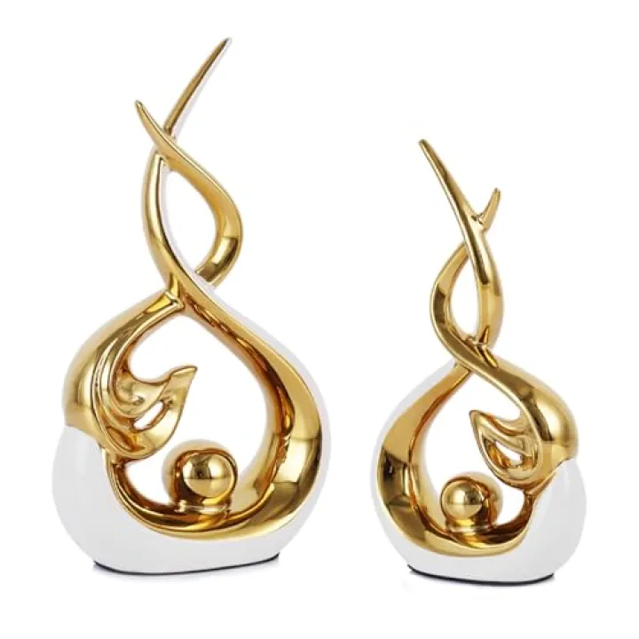 Home Decor Modern Abstract Art Ceramic Statue - 2 PCS White and Gold Sculptures, Mid Century Modern Decor, Elegant Table Centerpieces for Dining Room, Living Room, Office, Entryway, Bookshelf, Mantel