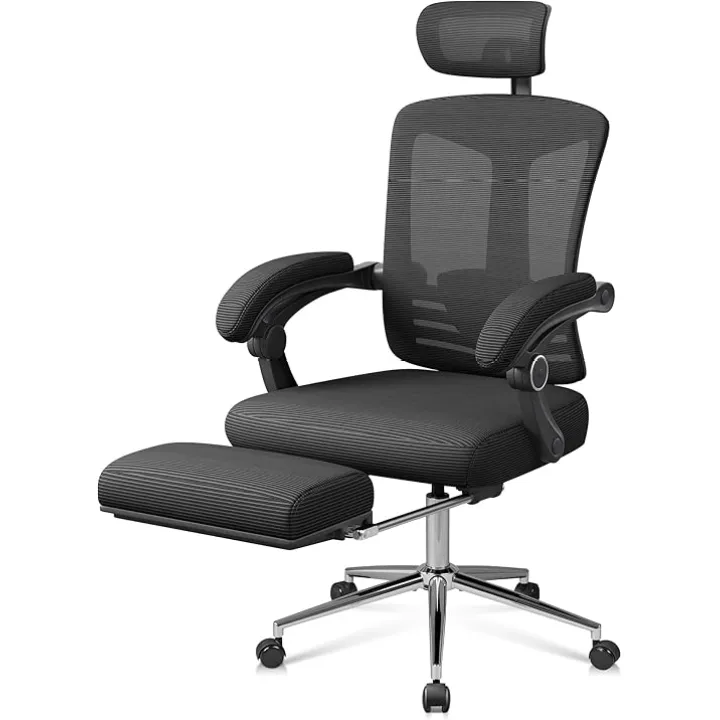 DEVAISE Ergonomic Mesh Office Desk Chair with Footrest, Comfrotable Big and Tall Reclining Computer Chair with Adjustable Lumbar Support, Backrest Adjustable, High Back SGS Class 4 Gas Lift, Black