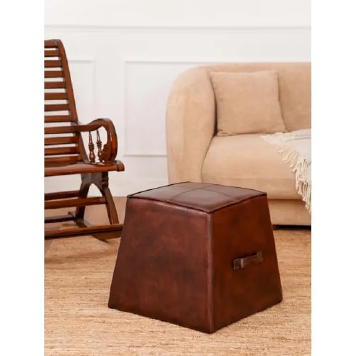 HomeStock Buffalo Leather Pouf - 22.5" Square Foot Ottoman - Handmade Dark Brown Accent Furniture
