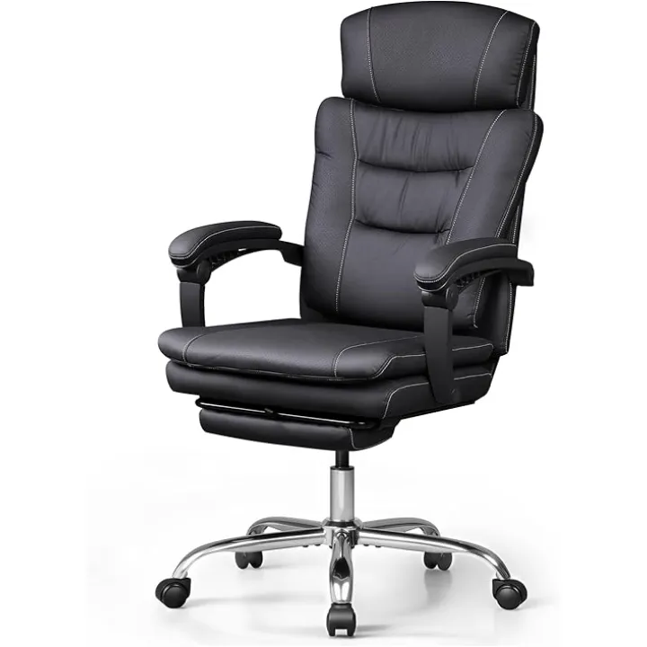 DEVAISE Executive Leather Home Office Chair with Footrest, High Back and Heavy Duty, Comfortable Big and Tall Ergonomic Desk Chair with Lumbar Support, Comfy Reclining, SGS Class 4 Gas Lift, Black
