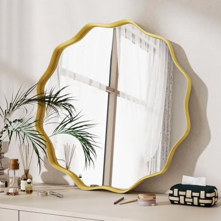 VETROVUE Round Wavy Mirror, 20 Inch Metal Frame Circle Mirror, Round Wall Mounted for Entryway, Bathroom, Vanity, Living Room, Gold