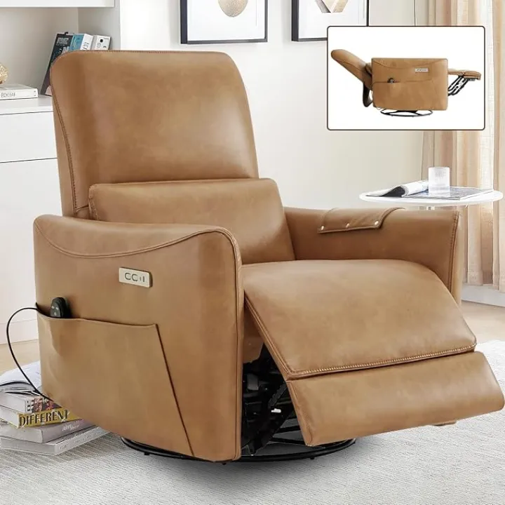 Power Recliner Chair Swivel Glider, Upholstered Faux Leather Nursery Rocking Chair for Living Room, Reclining Sofa Chair with Lumbar Support(Brown)