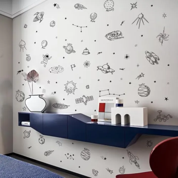4 Sheets Universe Space Astronaut Wall Decals Rockets Stars Planets DIY Decor Wall Stickers Vinyl Wall Decor for Bedroom Living Room Playroom Nursery Home Decoration
