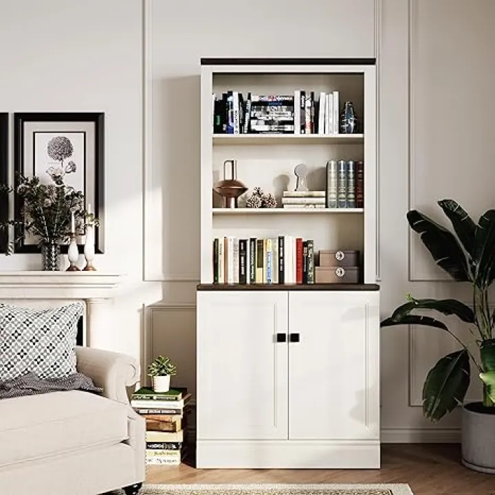 Tall Bookcase with Storage Cabinet & 5 Adjustable Shelves - Freestanding Display Bookshelf for Home Office, Bedroom, Living Room Furniture,Antique White