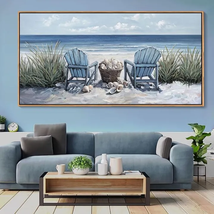 HGUAOA Coastal Wall Art - Large Landscape Wall Pictures for Living Room, Bedroom Pictures, Ocean Beach Artwork, Blue Above Bed Decor, Coastal Landscape Wall Art,Framed Beach Pinting