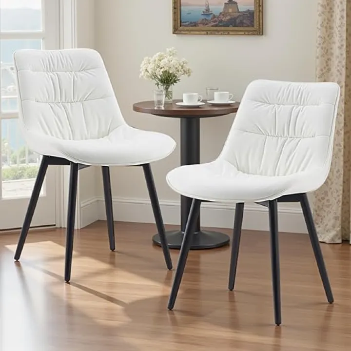 Rowill Dining Chairs Set of 2 Mid Century Modern Kitchen Chair Comfortable Upholstered Faux Leather Dinner Chairs for Kitchen Dining Room, White