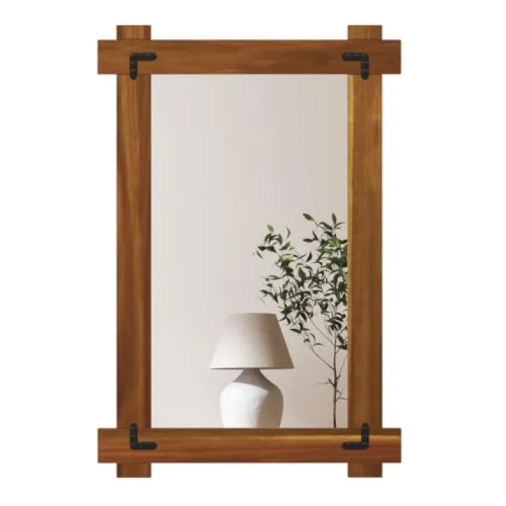 Tangkula Wood Framed Mirror, 30 x 20 Inch Shatterproof Wall Mirror with Acacia Wood Frame & Vintage Rivet Design, Rustic Farmhouse Decoration for Entryway, Living Room, Bedroom