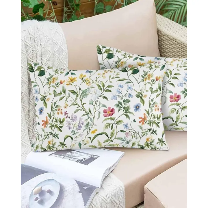 Watercolor Herbs Plant Flower Outdoor Pillow Covers Set of 2,Decorative Waterproof Throw Pillow Case,Spring Rustic Floral Leaves Cotton Linen Soft Cozy Cushion Pillowcases