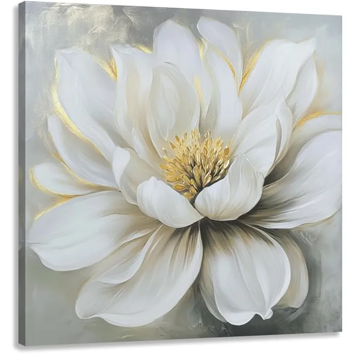 EUROPICART Bathroom Flower Wall Art White Lotus Floral Picture on Canvas with Handmade Gold Artwork for Bedroom Decor 12 x 12