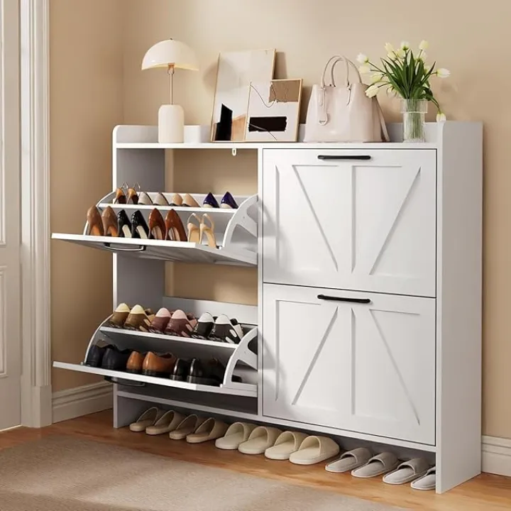 Shoe Storage Cabinet with 4 Flip Drawers, Freestanding Hidden Shoe Cabinet with Wooden Legs & Black Metal Handle for Entryway, Farmhouse Slim Shoe Rack Organizers, White