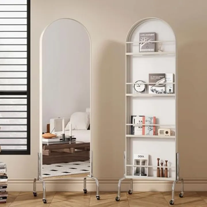 Full Length Mirror with Rolling Wheels, Large Freestanding Body Mirror with Shelf, Easy Installation HD Safety Mirror for Living Room and Bedroom(b-White,50 * 40 * 170cm)