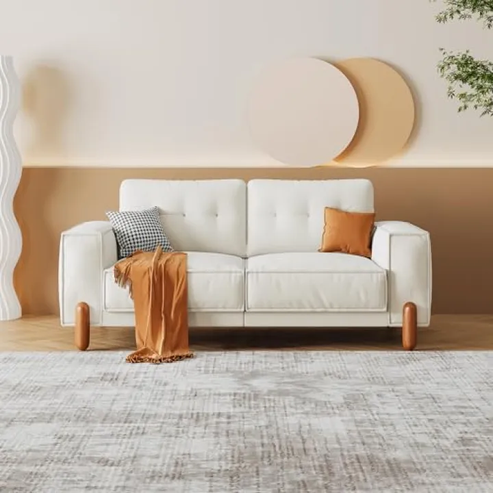 Modern Teddy Fabric Sofa, Tufted Couch with Square Arms and 4 Solid Wood Legs, Includes 2 Pillows, Perfect for Living Room, Office or Apartment