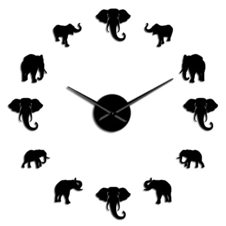Jungle Animals Elephant Frameless Wall Clock Stickers, DIY Modern Decorative Clocks for Living Room, Bedroom, Office - Easy to Install, Large 3D Clock Design (Black,27inch)