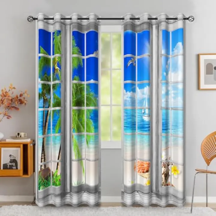 Laeacco Ocean Beach Blackout Curtains Tropical Palm Trees Sail Boat Curtain Drapes Seaside White Wooden Window View Print Window Curtains for Home Office Bedroom Living Room 42x84 Inch, 2 Panels