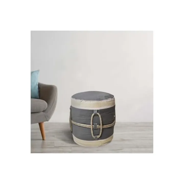 Maykoosh Canvas Pouf - Round Accent Seating - Beige Green Handmade Footrest Ottoman