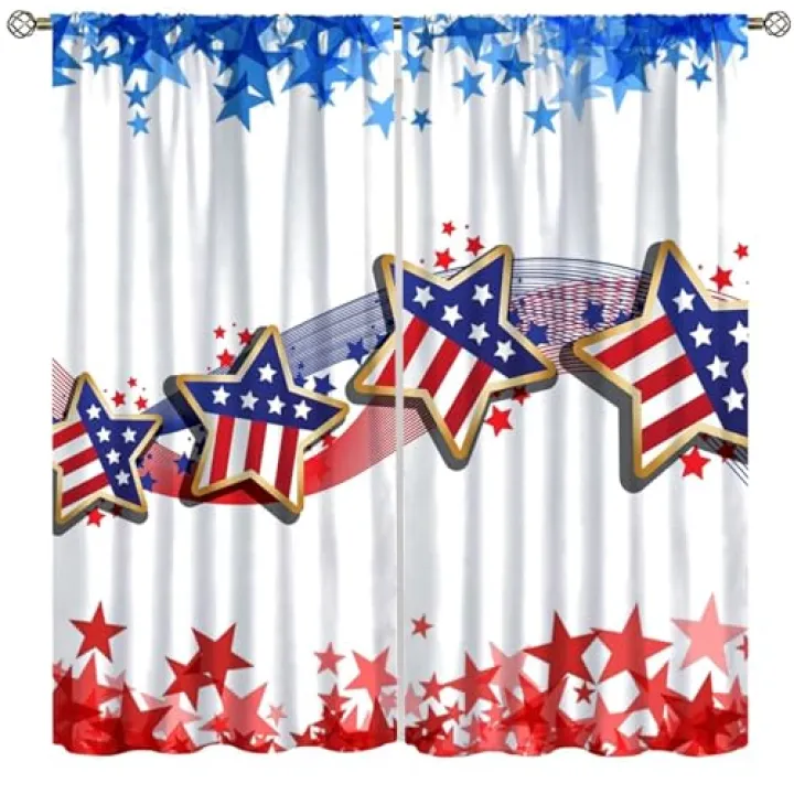 Fblifil Independence Day Curtain, 4th of July American Flag Stars Artistic Design Printed Rod Pocket Window Drapes for Bedroom Living Room Decor 42" W X 45" L