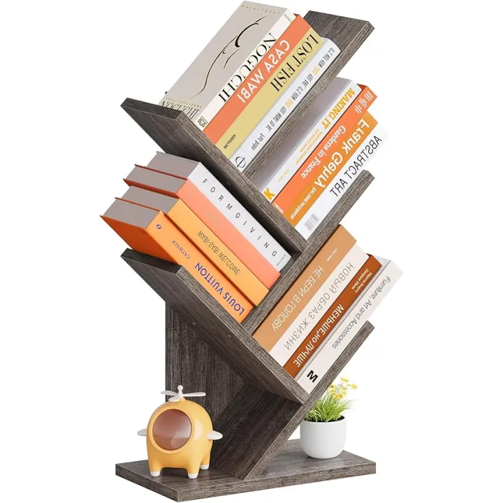 Hoctieon 4 Tier Tree Bookshelf, 4 Shelf Bookcase, Free Standing Tree Bookcase, Display Floor Standing Shelf for Books, Book Organizer Shelves for Home Office, Living Room, Bedroom, Grey