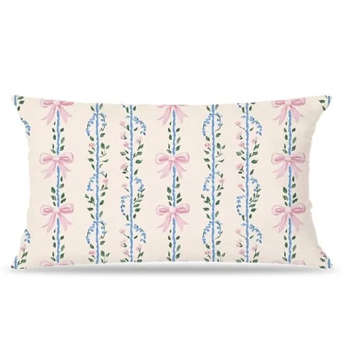 FITIE Pink Coquette Bow Floral Lumbar Pillow Covers 12x20 Double-Sided, Cottagecore Preppy Room Decor, Girly Bedroom Decor, Preppy Beige Throw Pillow Covers for Girls Bedroom Dorm Apartment