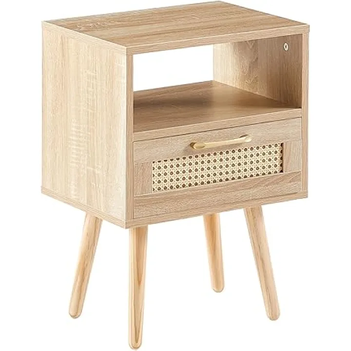 Modern Nightstand with Rattan Drawer, Wood Side Table with Storage Shelf, Natural Oak