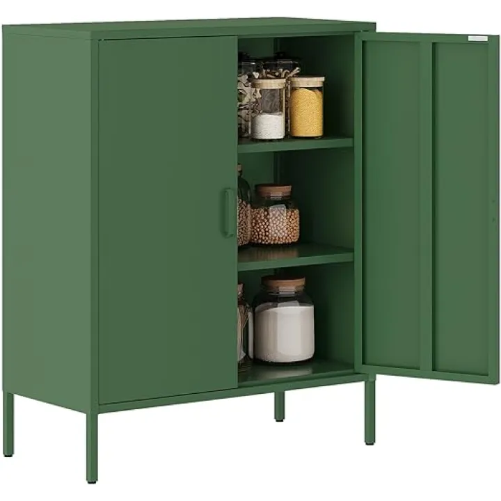 Green Metal Cabinet，Bathroom Floor Storage Cabinet,40"H Small Cabinets With Doors,2 Door Metal Towel Freestanding Cabinet For Small Spaces,Two Door Hallway Short Cupboard,Low Cabinet For Living Room