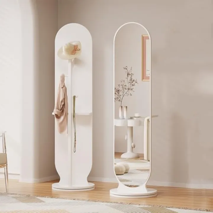 360° Full Length Swivel Mirror, Floor Standing Mirror with Storage Shelf and Hanging Hook, 65.3×18.1in Full Body Mirrors with Clothes Rack for Bedroom, Dressing Room