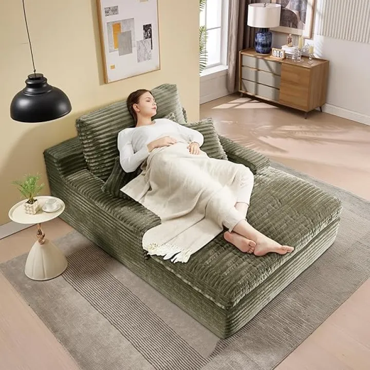 Setawix Upholstered Large Chaise Lounge Chairs Indoor,53.54" W Single Lounger Couch Sleeper Chair Bed,Oversized Single Sofa Arm Chair for Living Room,RV,Bedroom,Office,Apartment (Green, 53.54")