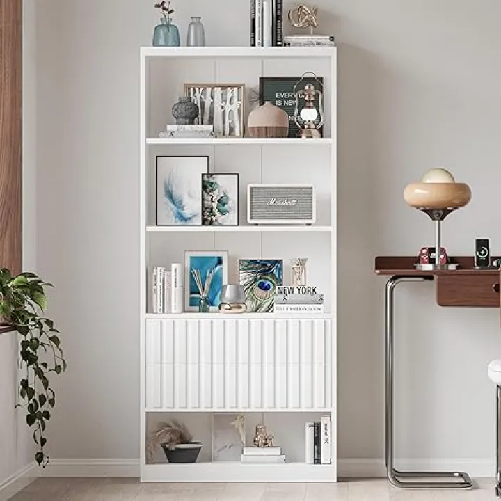 70.9" Tall Bookshelves and Bookcase with Fluted Drawers and Adjustable Shelves, Modern Book Shelf with Storage Cabinet for Living Room, Office Bedroom (White)
