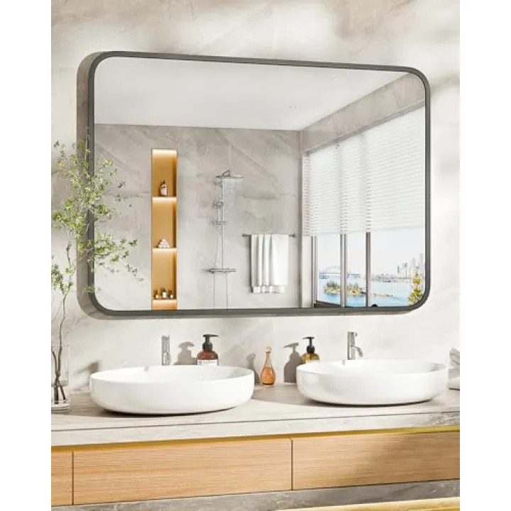 SUNQUEEN 30" x 22" Black Bathroom Mirror for Wall, Modern Bathroom Vanity Mirror for Over Sink Bedroom Entryway or Living Metal Framed HD Tempered Glass Room Horizontal or Vertical