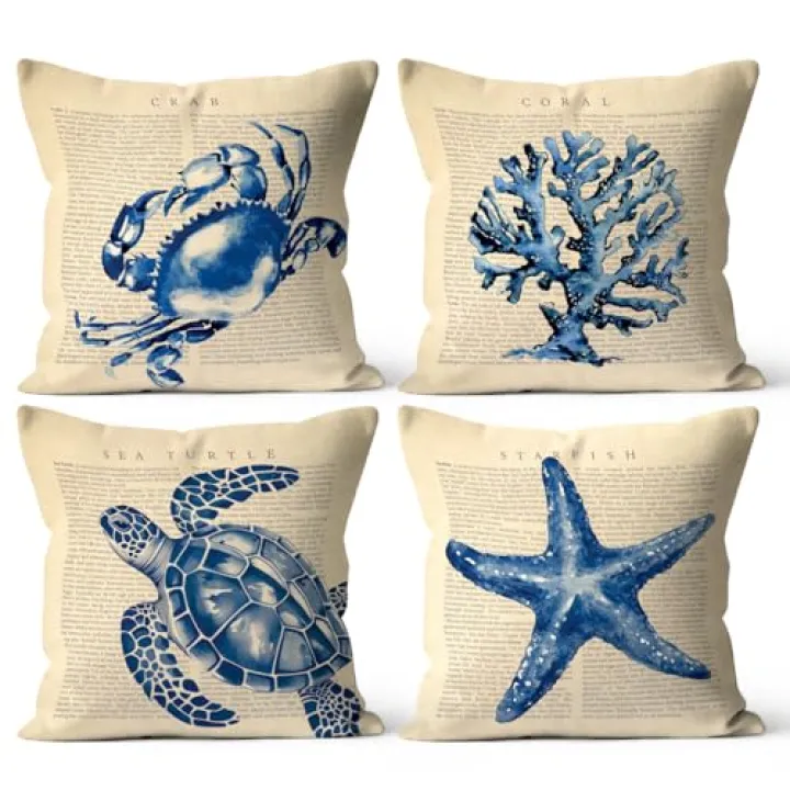 Palasarkaaa 4Pcs Nautical Pillow Covers Ocean Set 18x18 Inch, Seashell & Starfish Coastal Decor, Beach Theme Sofa/Bed Covers | Beach House Luxury for Living Room & Bedroom