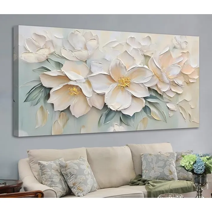 Anolyfi Flowers Canvas Wall Art Modern Aesthetic Light Pink Abstract Florals Landscape Picture Textured Painting, Artwork Large Framed for Living Room Bedroom Bathroom Office Home Decor 40"x20"