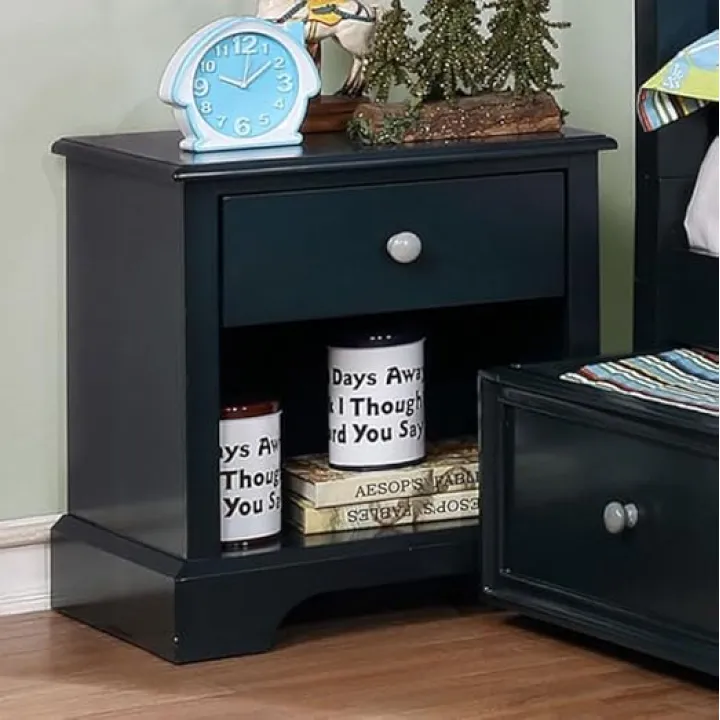 MASARA Transitional Single Drawer Nightstand, Blue Finish, Contemporary Storage Bedside Table
